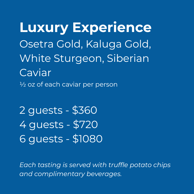 Private Caviar Tasting luxury experience featuring Osetra Gold, Kaluga Gold, and Siberian caviar.