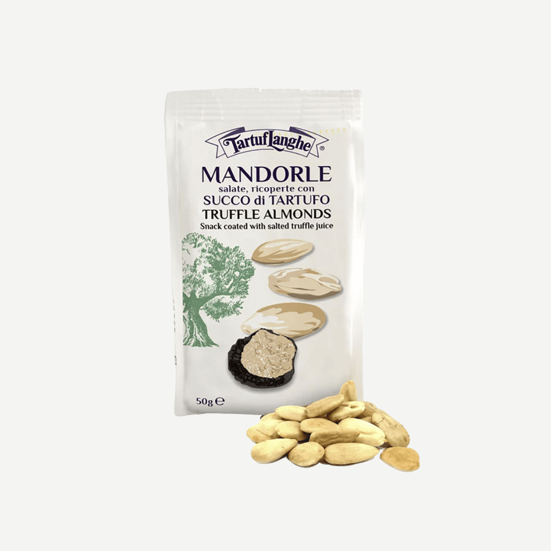 Truffle Almonds packaging with almonds on the table, featuring truffle essence flavor, gourmet snack.