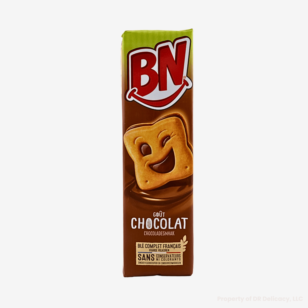 BN Chocolate Cookies packaging with a smiling cookie design, showcasing a sweet chocolate flavor.