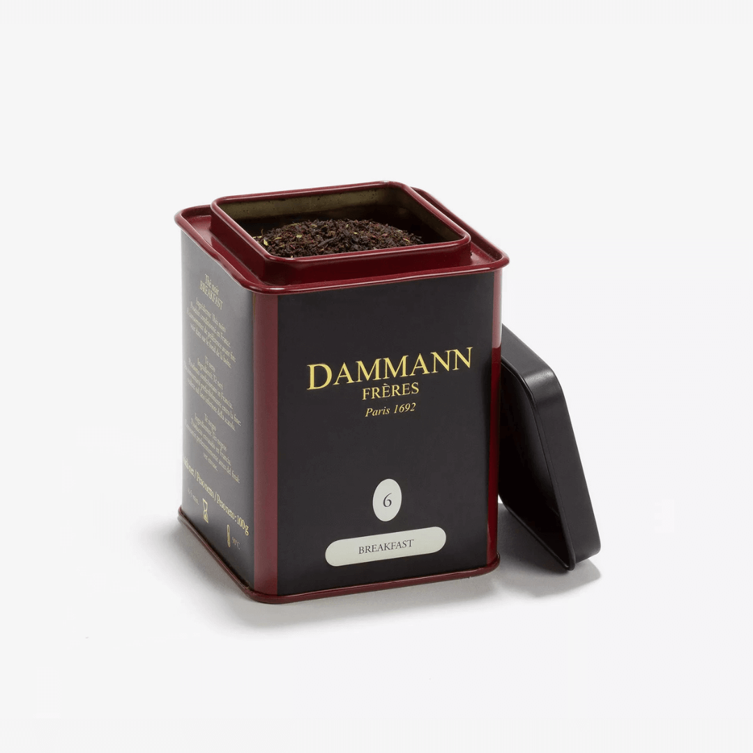 Damman Freres Breakfast Tea packaging with loose tea inside, perfect for a morning ritual.