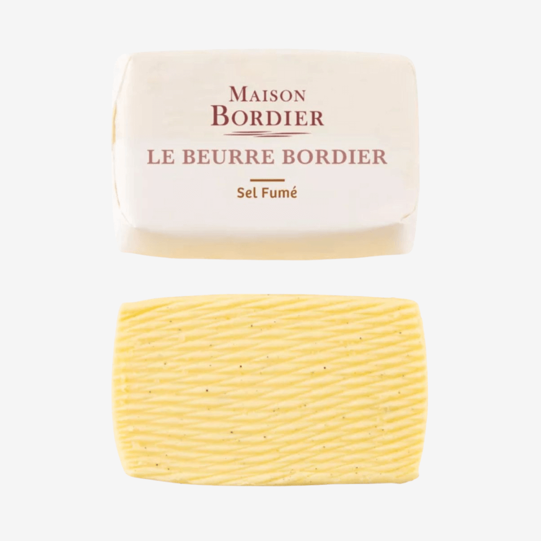 Le Beurre Bordier Smoked Salt Butter block with distinct packaging and textured surface.