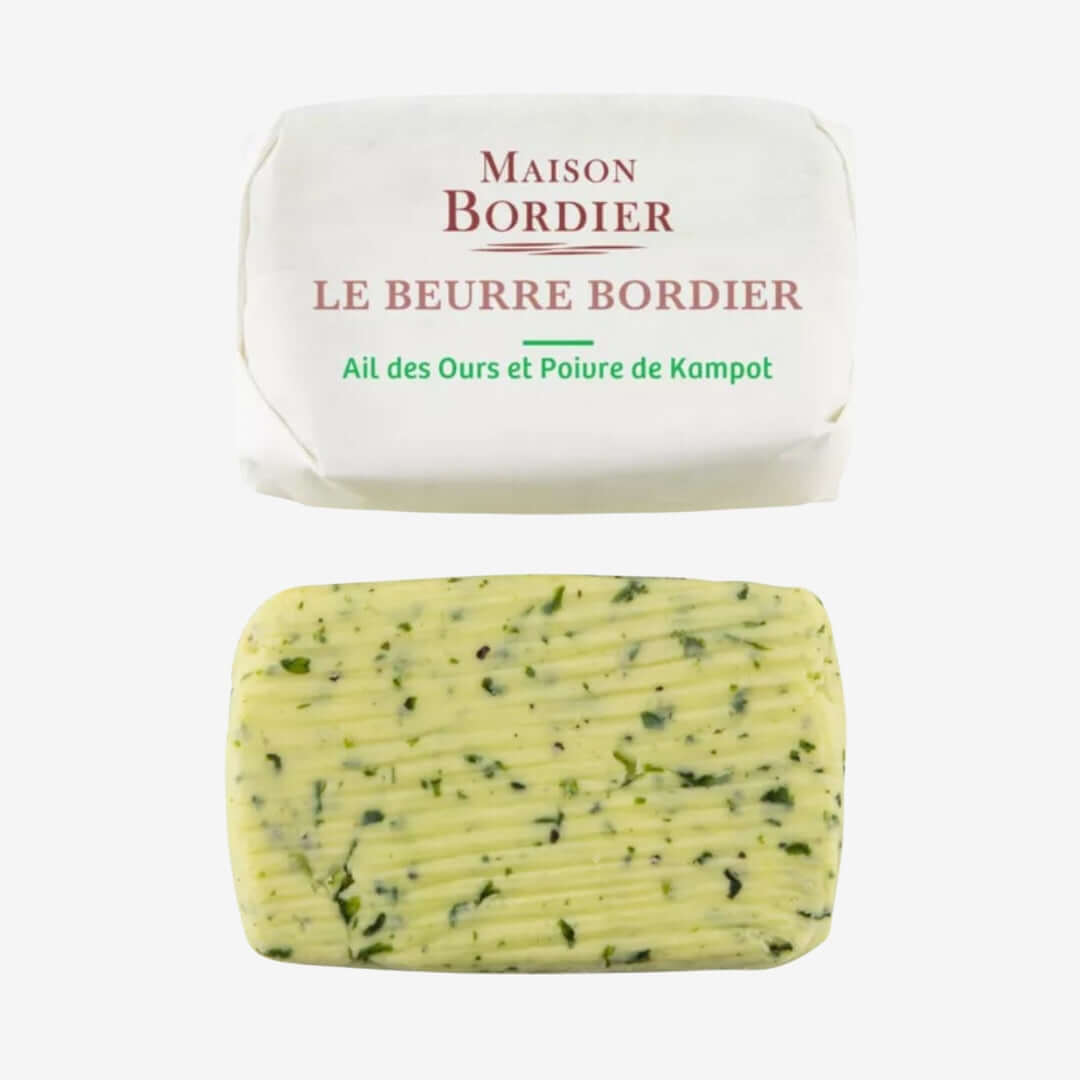 Beurre Bordier Wild Garlic and Kampot Pepper Butter in packaging, showcasing herbaceous texture and vibrant color.