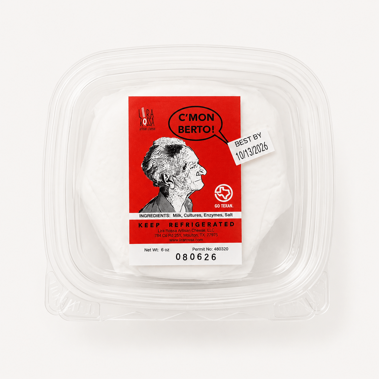 C'Mon Berto – Creamy Brie-Style Cheese packaging featuring illustration and ingredient information.