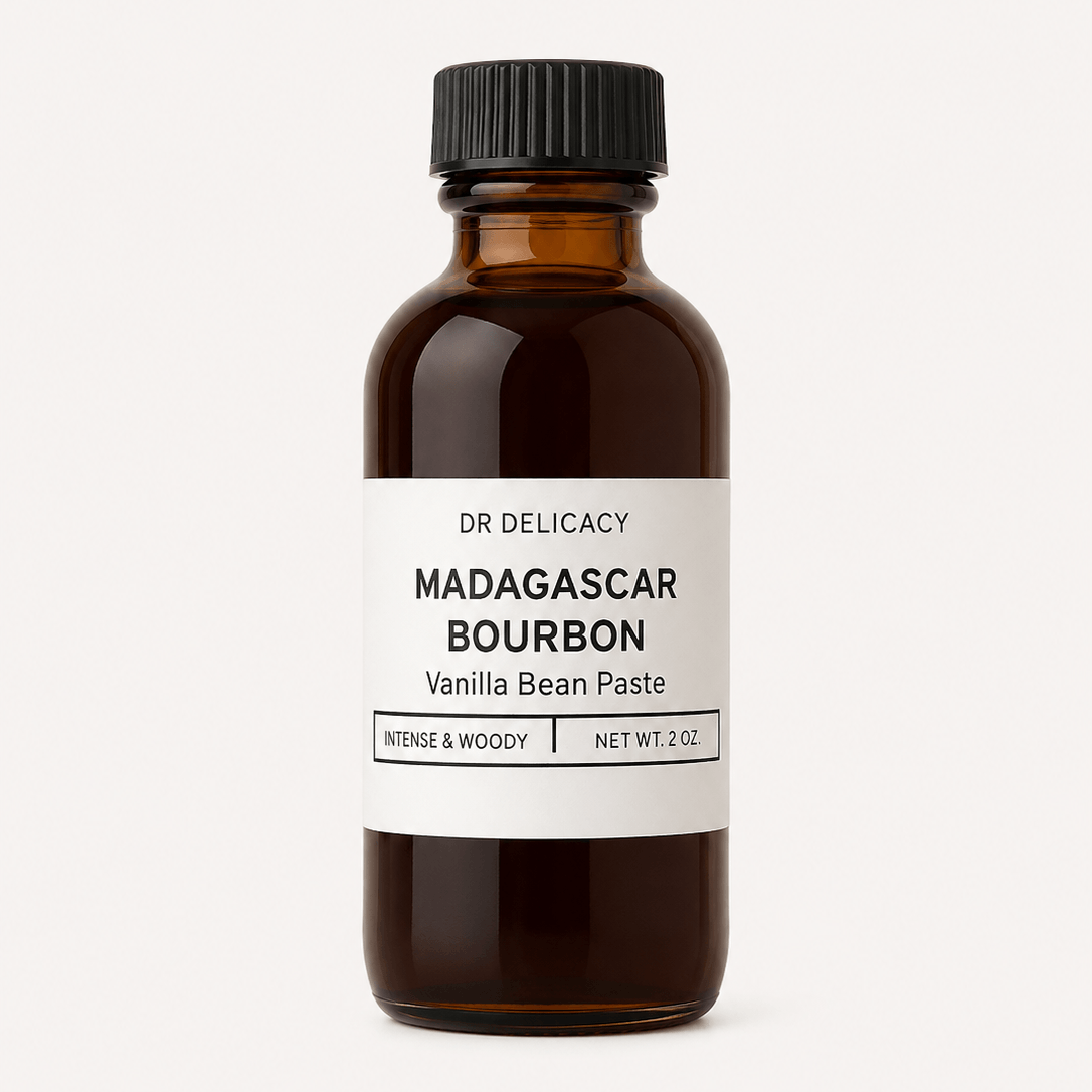 Madagascar Bourbon Vanilla Bean Paste in a glass bottle, featuring a rich, aromatic flavor for baking and desserts.