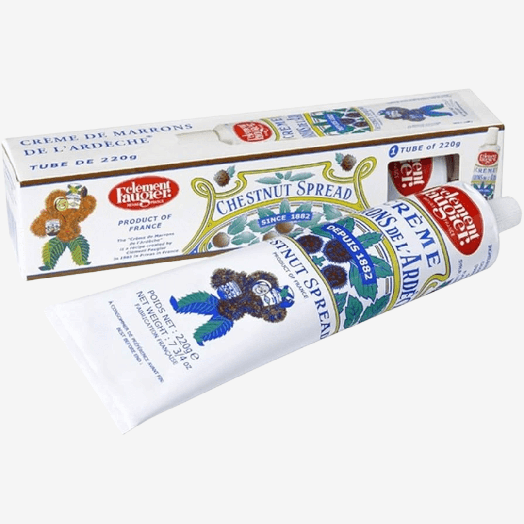 Chestnut Spread by Clement Faugier in a tube, showcasing premium Ardèche chestnut cream and packaging details.