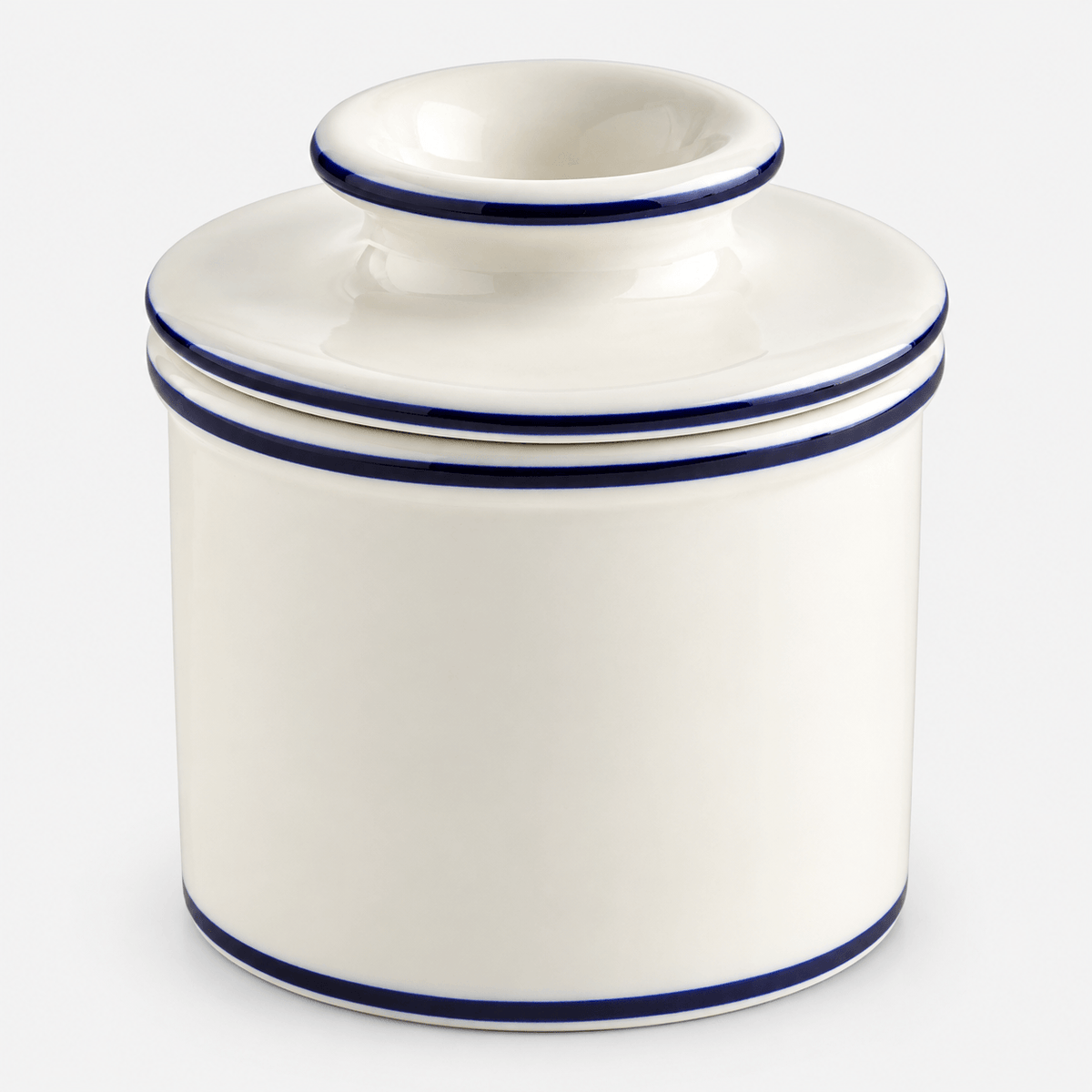 Butter Bell Crock – Le Bistro Parisian Blue Trim in creamy off-white with blue trim, evoking Parisian bistro style.