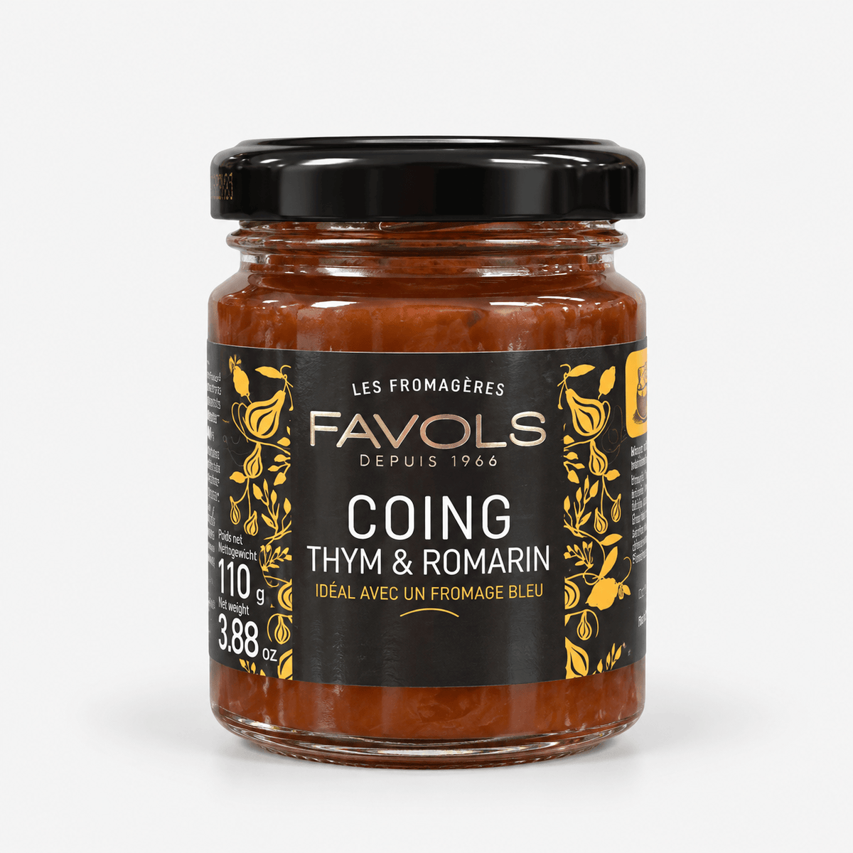 Favols Jam for Cheeses – French Fruit Preserves featuring Quince, Thyme & Rosemary in glass jar.