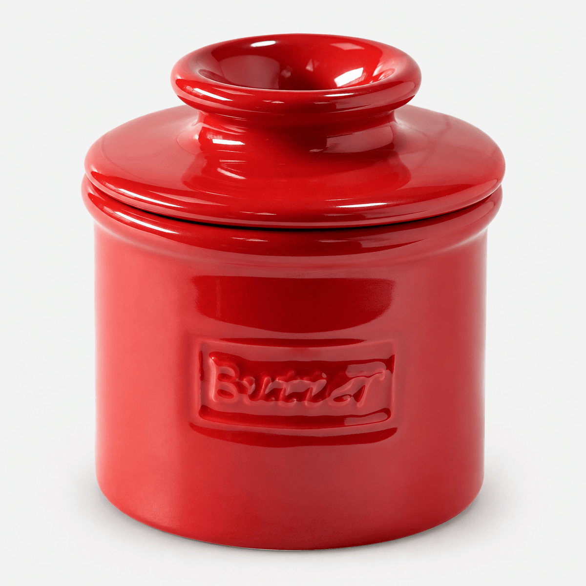 Butter Bell Crock – Maraschino Red New Bone China Butter Keeper in vibrant red with raised lettering.