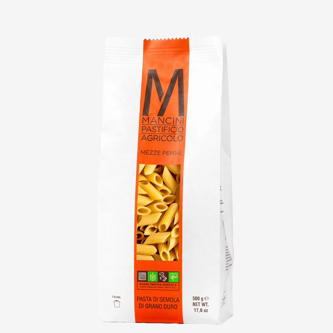 Mancini Italian Pasta Mezze Penne packaging featuring durum wheat semolina, net weight 17.6 oz.