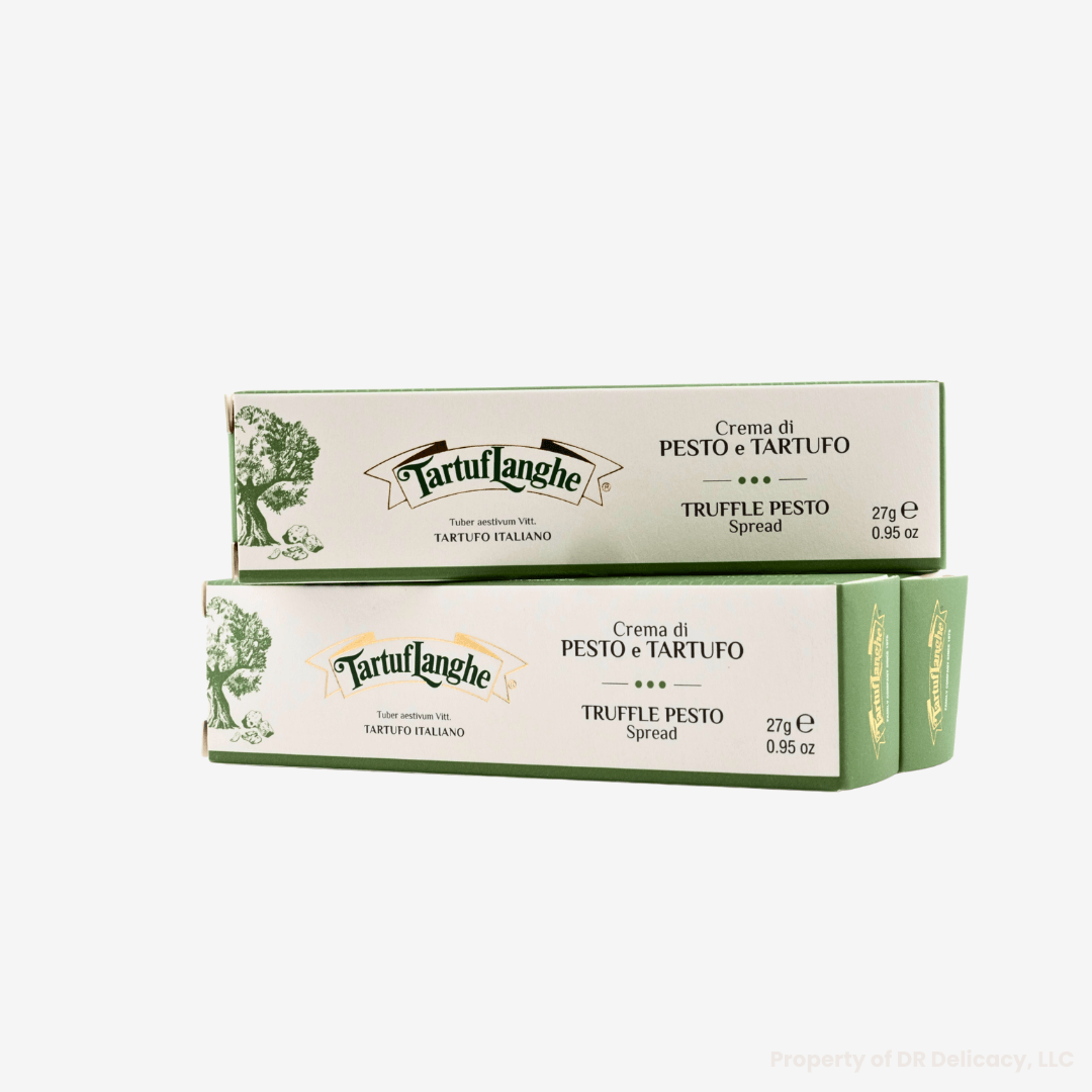 Truffle Pesto spread packaging featuring vibrant design and classic Italian flavors.