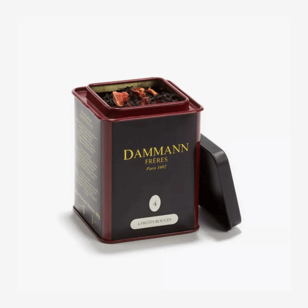 Damman Freres Quatre Fruits Rouges Tea packaging with red fruit blend showcased in a stylish tin.