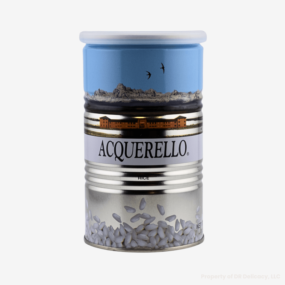 Acquerello Aged Carnaroli Risotto in a beautifully designed can, showcasing Italian heritage and premium rice quality.