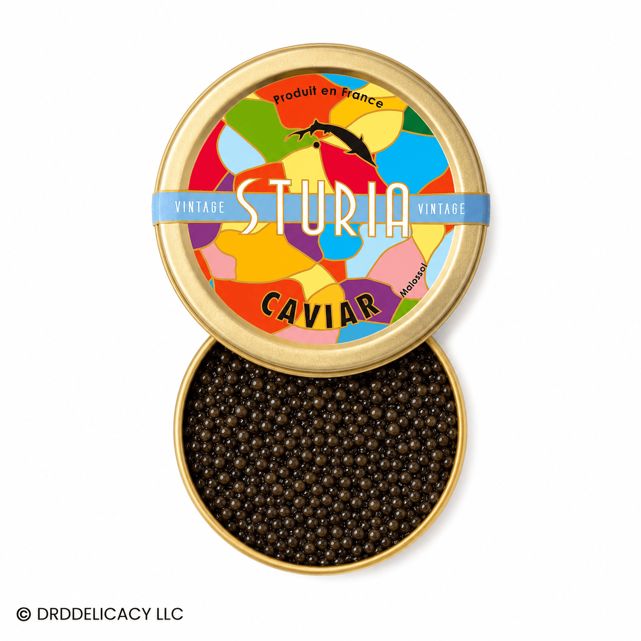 Sturia Siberian Vintage Caviar in decorative tin with colorful design, showcasing medium pearls from France.