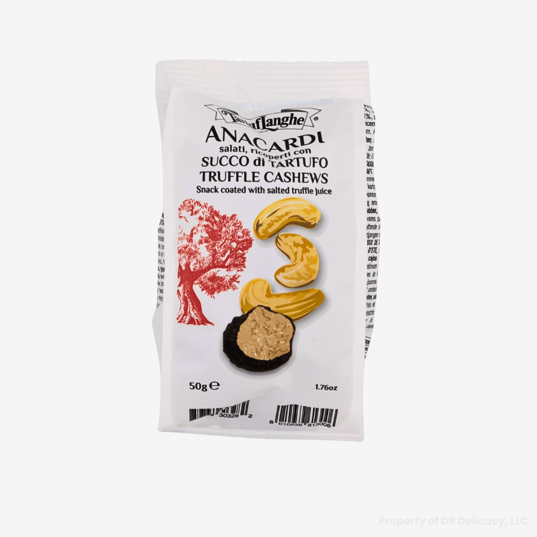 Truffle flavored cashews in a package, showcasing the gourmet snack with salted truffle juice, 1.76 oz.