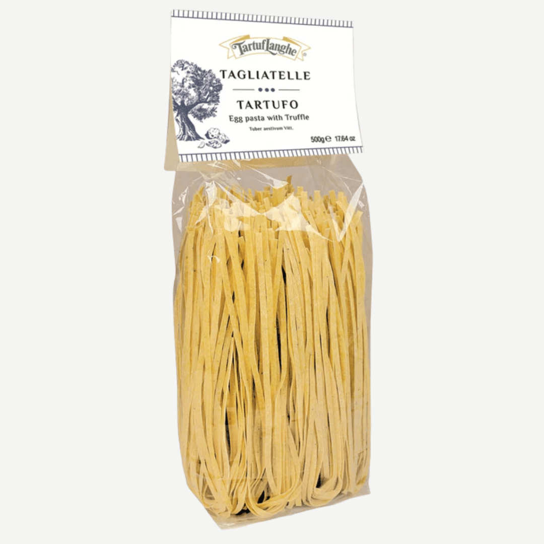 Tagliatelle Truffle Egg Pasta packaging with a label, showcasing premium egg pasta with truffle.