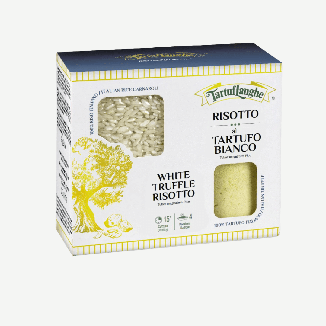 White Truffle Risotto kit featuring Carnaroli rice and condiment blend for a delicious risotto experience.