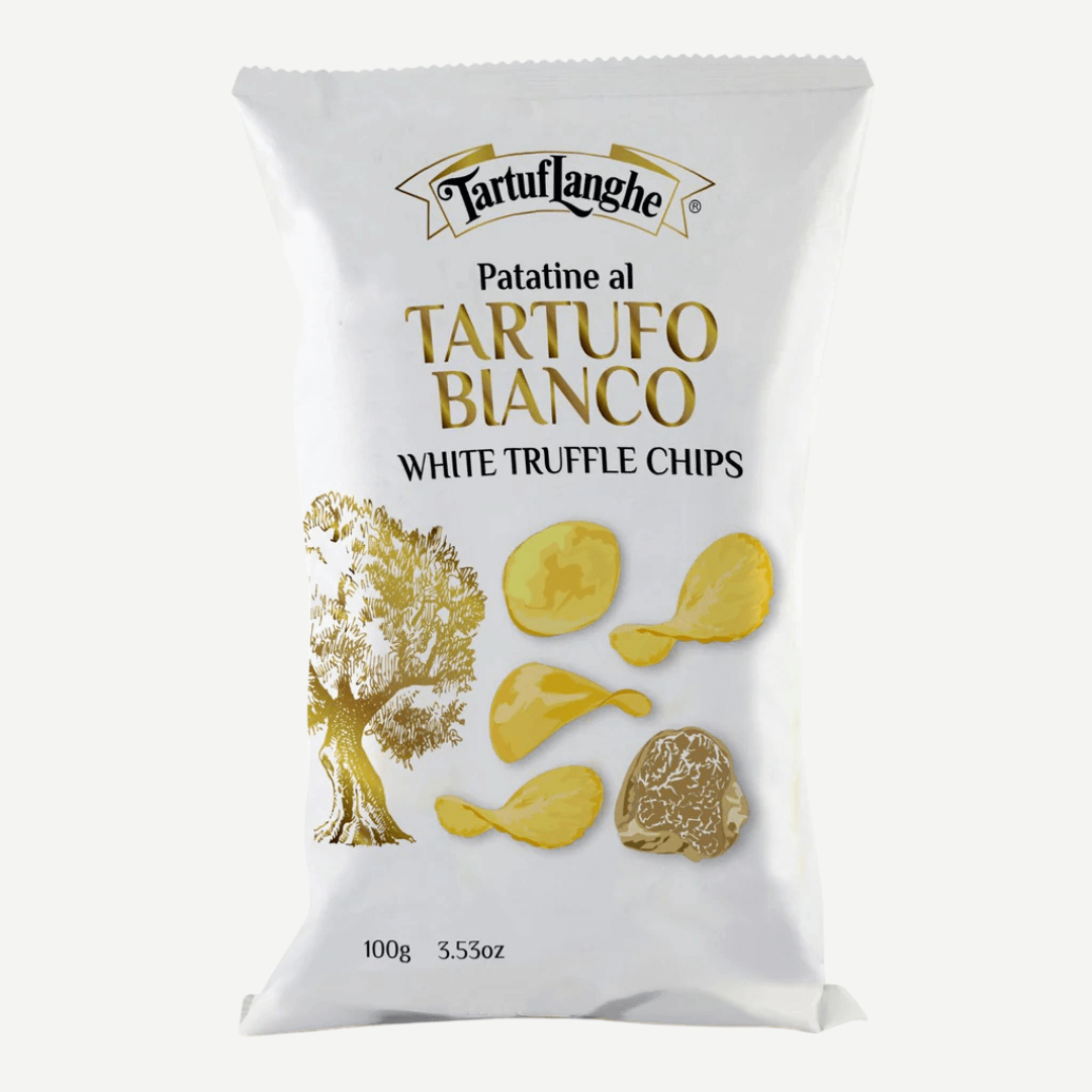 White Truffle Potato Chips in elegant packaging, showcasing premium Italian snack with refined taste.