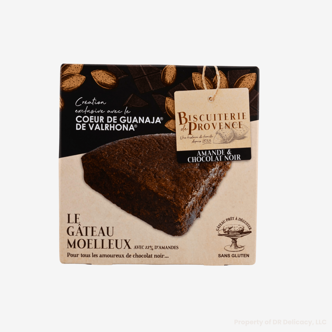 Gluten-Free Provençal Almond Cake from Biscuiterie de Provence, featuring dark chocolate and almonds.