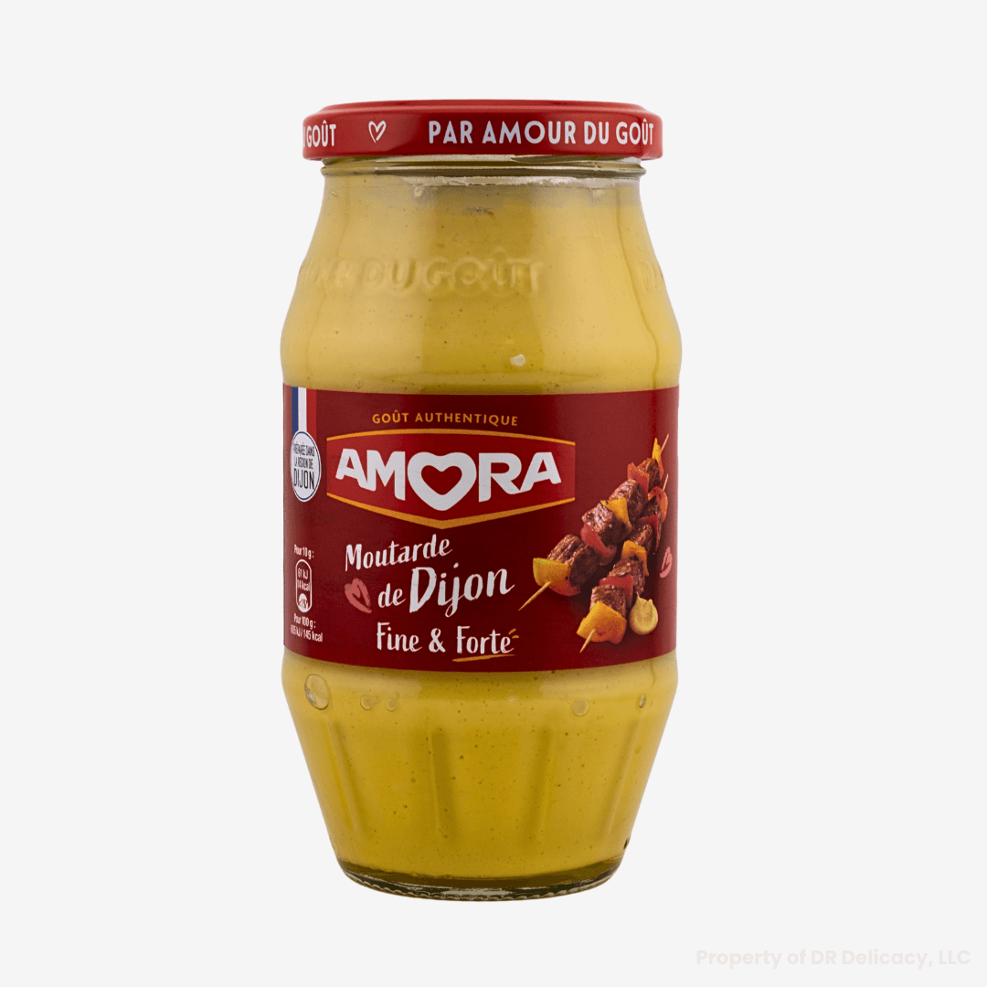 Amora Dijon Mustard Fine & Forte Jar featuring a smooth, spicy mustard perfect for dressings and marinades.
