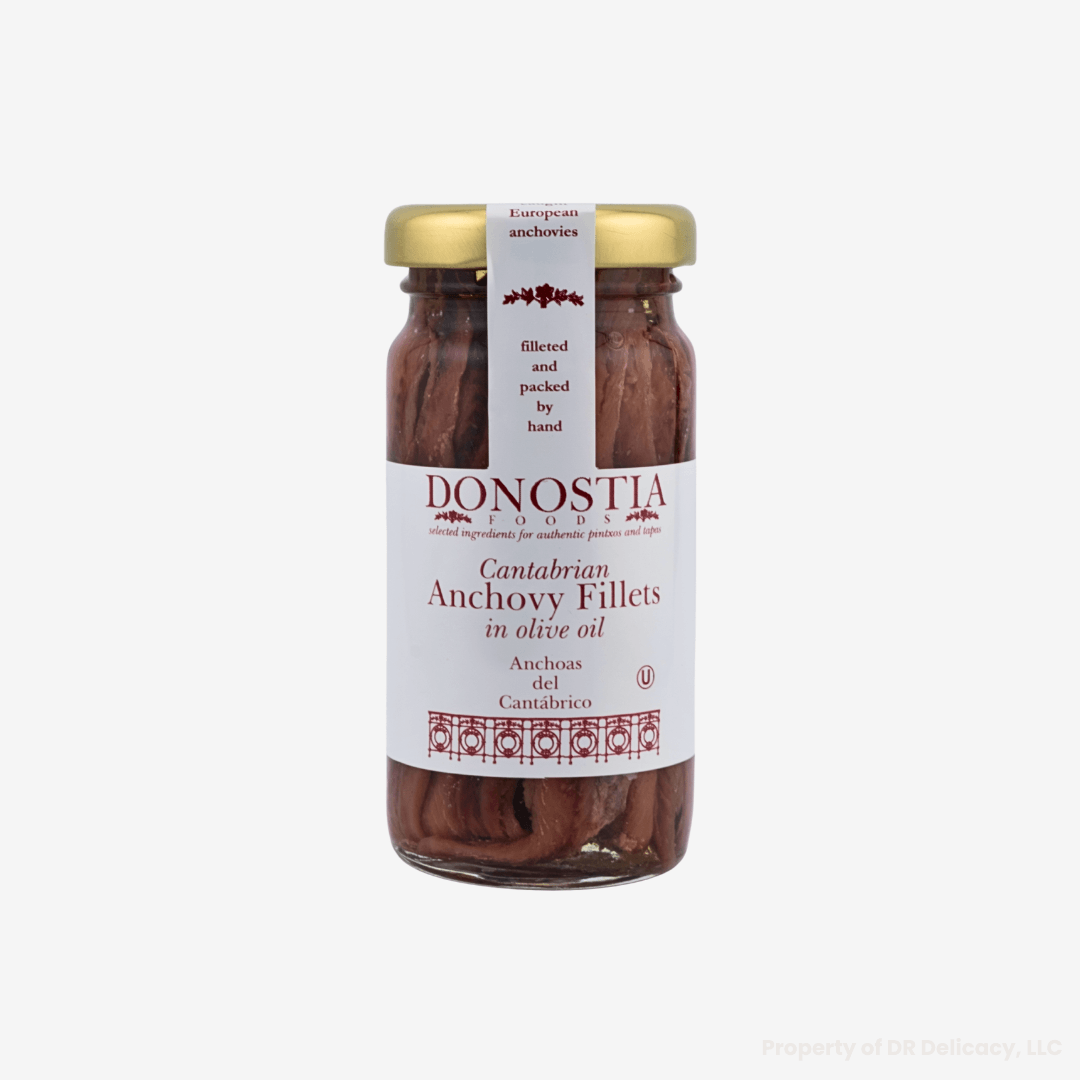 Cantabrian Anchovy Filet in Olive Oil jar featuring premium hand filleted anchovies packed in olive oil.