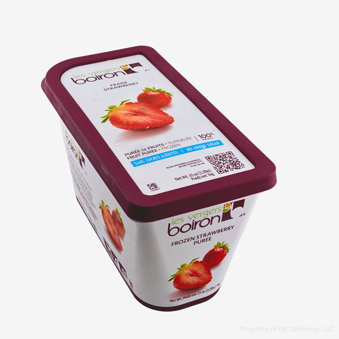 Frozen Fruit Puree by Les Vergers Boiron, featuring frozen strawberry puree in a 2.2 lbs container.