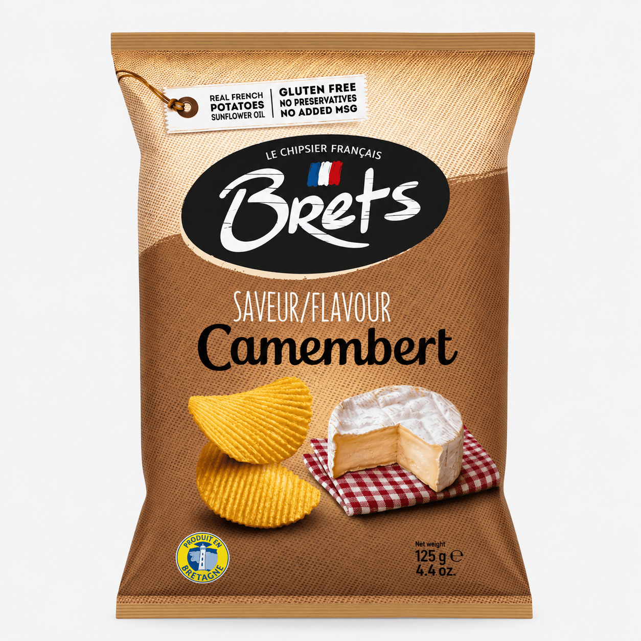 Brets Camembert Potato Chips packaging featuring golden chips and creamy cheese, gluten-free and preservative-free.