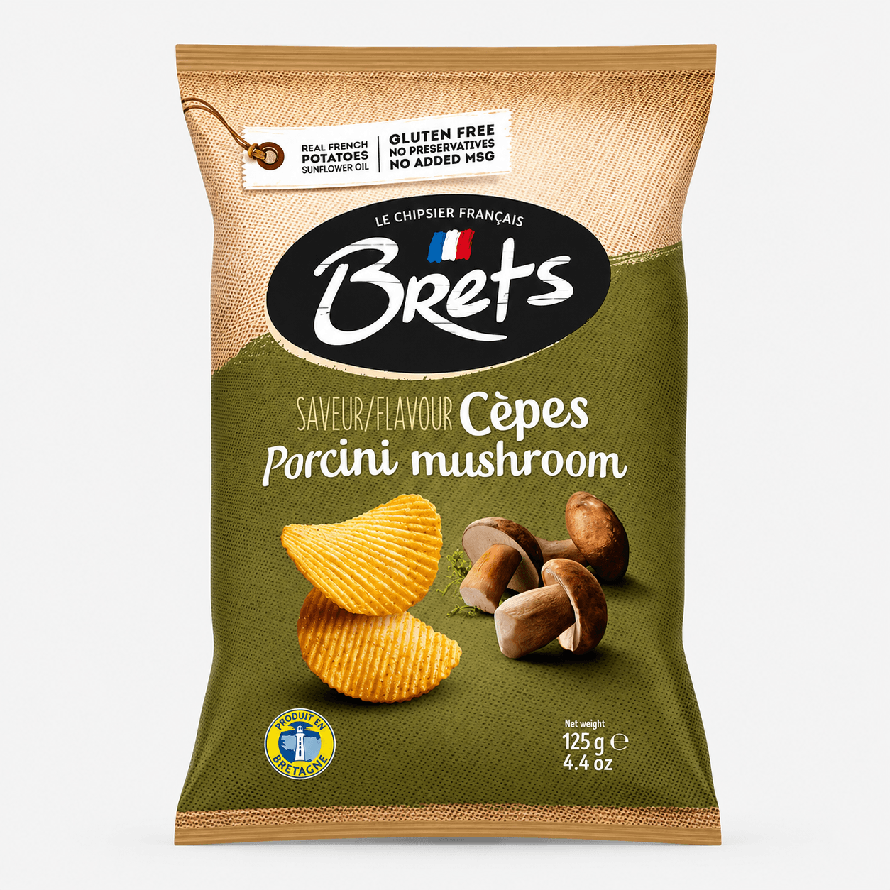 Brets Porcini Mushroom Potato Chips package featuring crispy chips and porcini mushrooms, gluten-free, 4.4 oz.