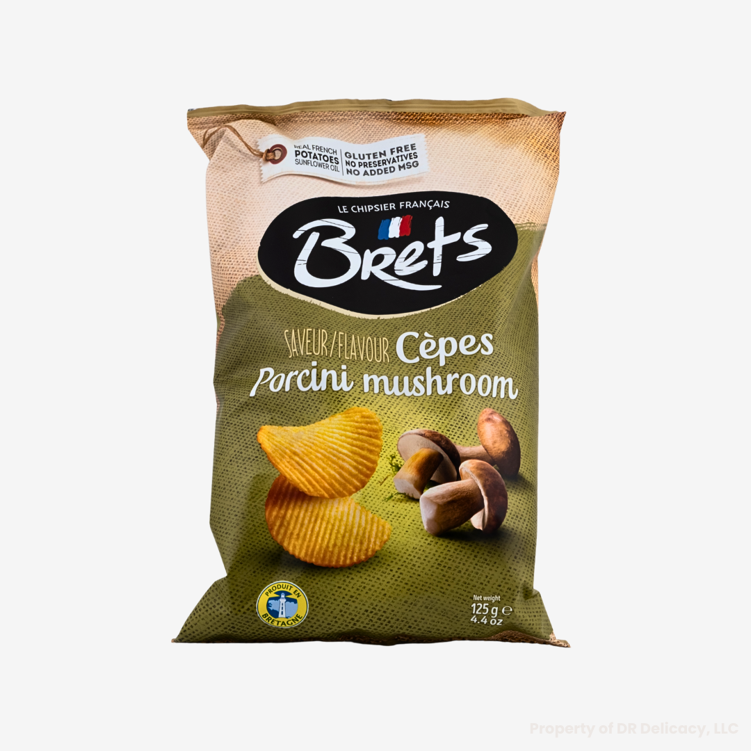 Brets Cepes Porcini Mushroom Potato Chips bag featuring cepes flavor and natural ingredients, made in France.