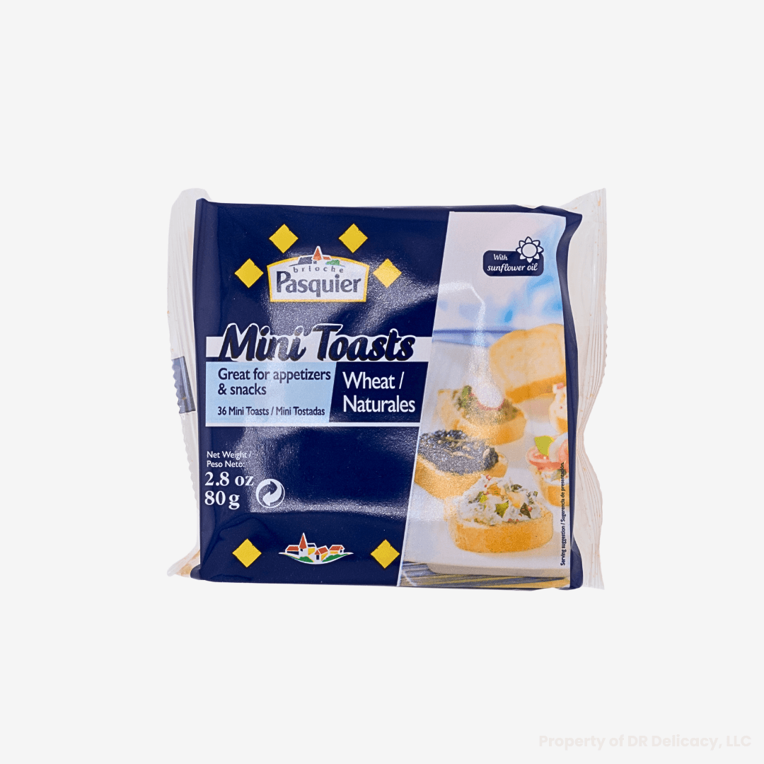 Mini Brioche Toast packaging with description for appetizers and snacks, net weight 2.8 oz.