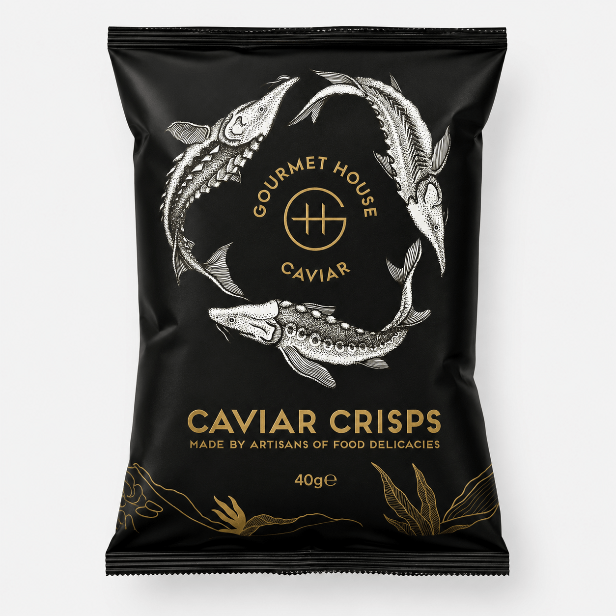 Caviar Flavored Potato Crisps packaged in a gourmet black bag featuring artistic fish illustrations.