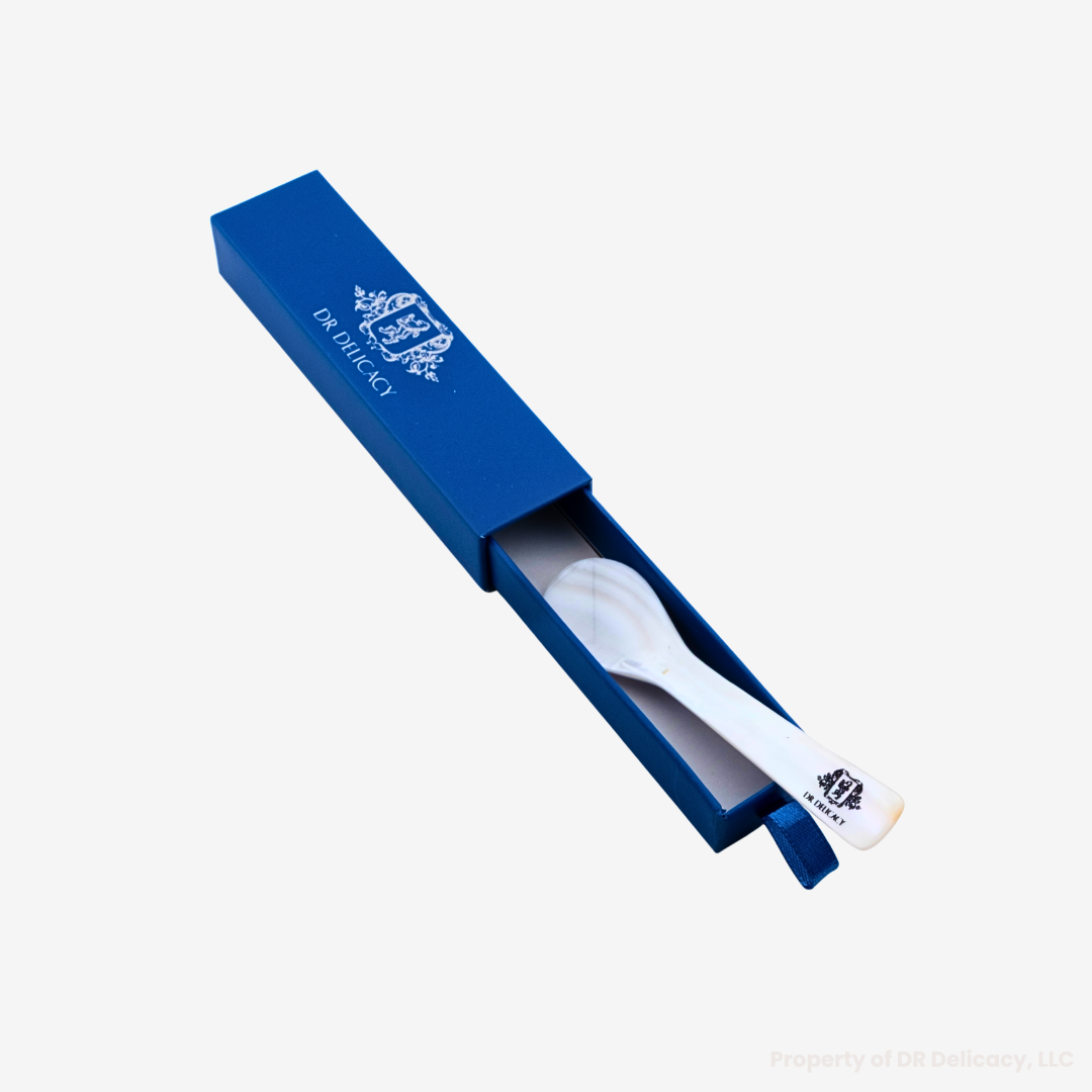 Caviar Spoon Gift Box featuring mother-of-pearl spoon inside elegant blue drawer pull design.