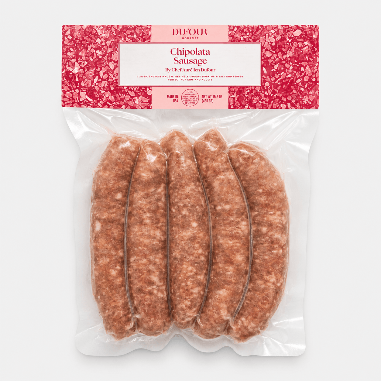 Dufour Chipolata Sausage package containing five traditional French sausages, 16 oz net weight.