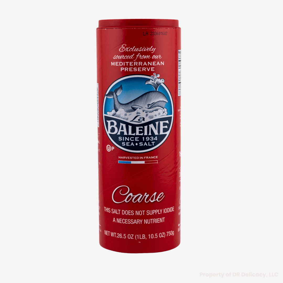 La Baleine Coarse Sea Salt in a red container, perfect for enhancing dishes with texture and flavor.