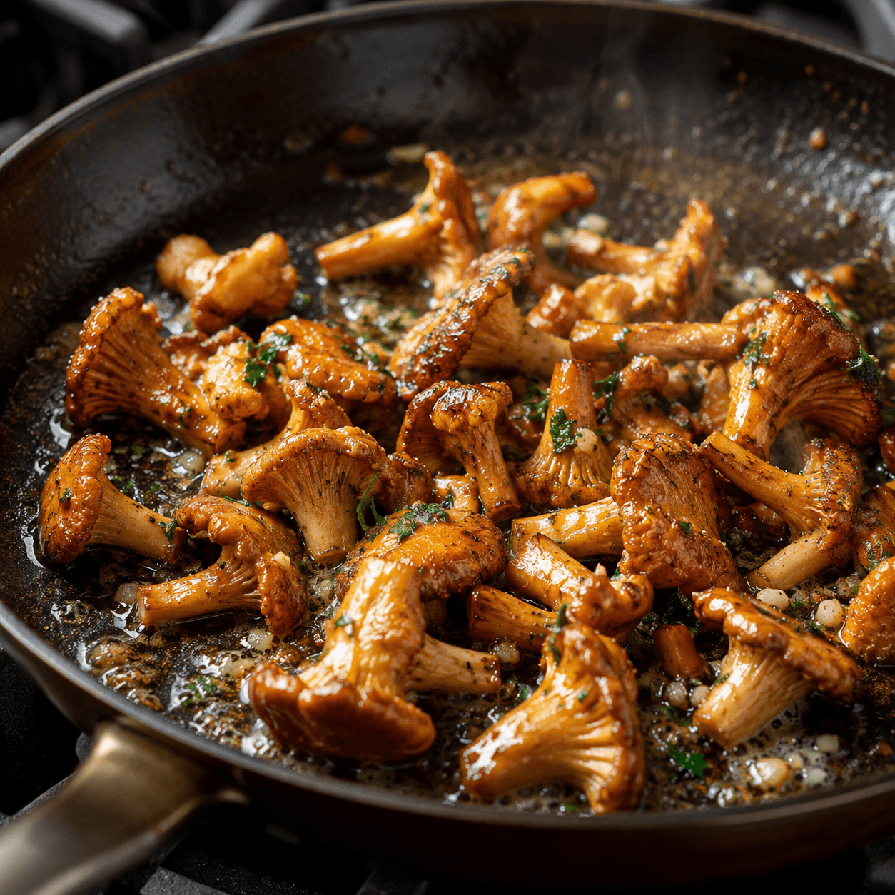 Fresh Chanterelle Mushrooms sautéed in butter for a rich, earthy flavor in a skillet.