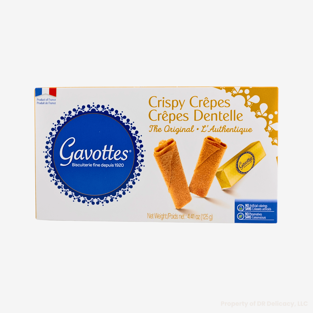 Crispy Crepes Dentelle from Gavottes featuring golden packaging and delicious crepes in a box.