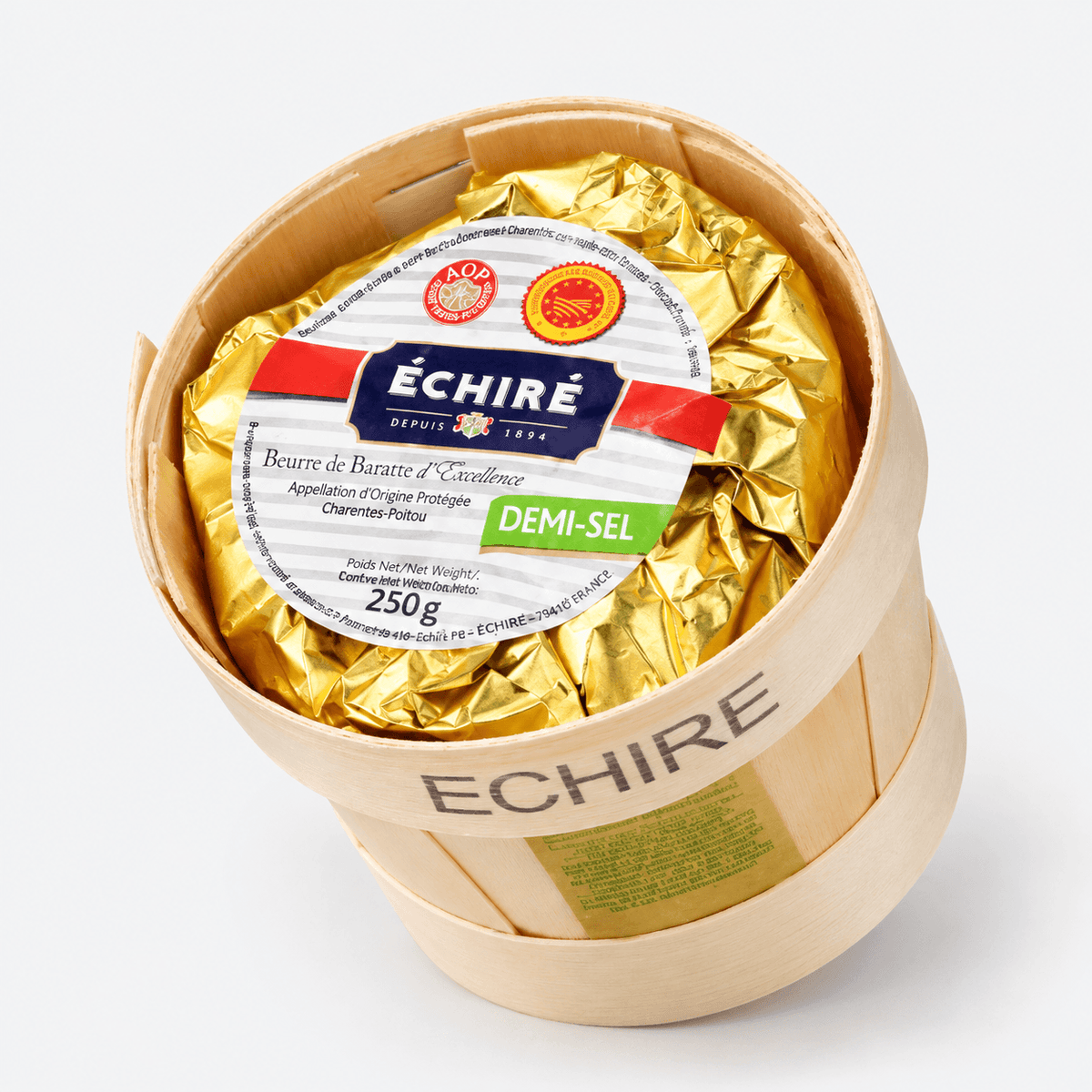 Echire Salted Butter in traditional wooden barrel packaging, showcasing its premium quality and distinct creamy texture.