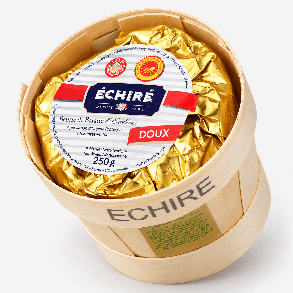 Échiré Unsalted Butter in a traditional wooden barrel packaging, highlighting its premium quality and French heritage.