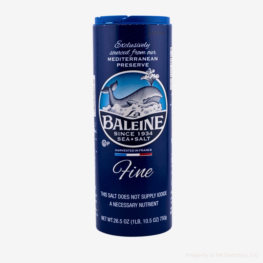 Fine Sea Salt from La Baleine, harvested in France, 26.5 oz container for culinary use.