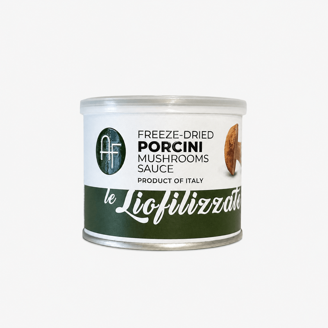 Freeze-dried Porcini Mushroom Sauce can showcasing product of Italy and mushroom graphics.
