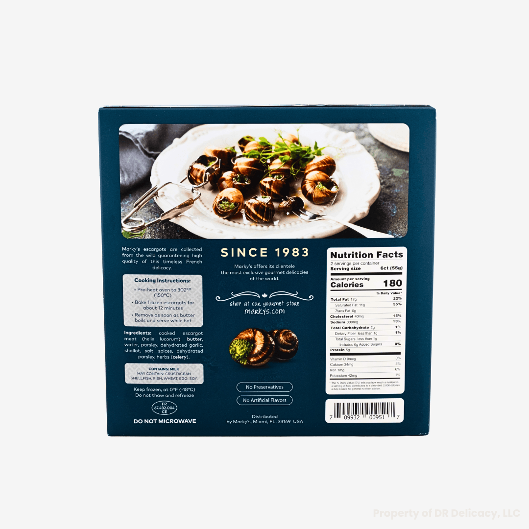 Frozen Escargot Tray with Garlic Butter nutritional information and cooking instructions on packaging.