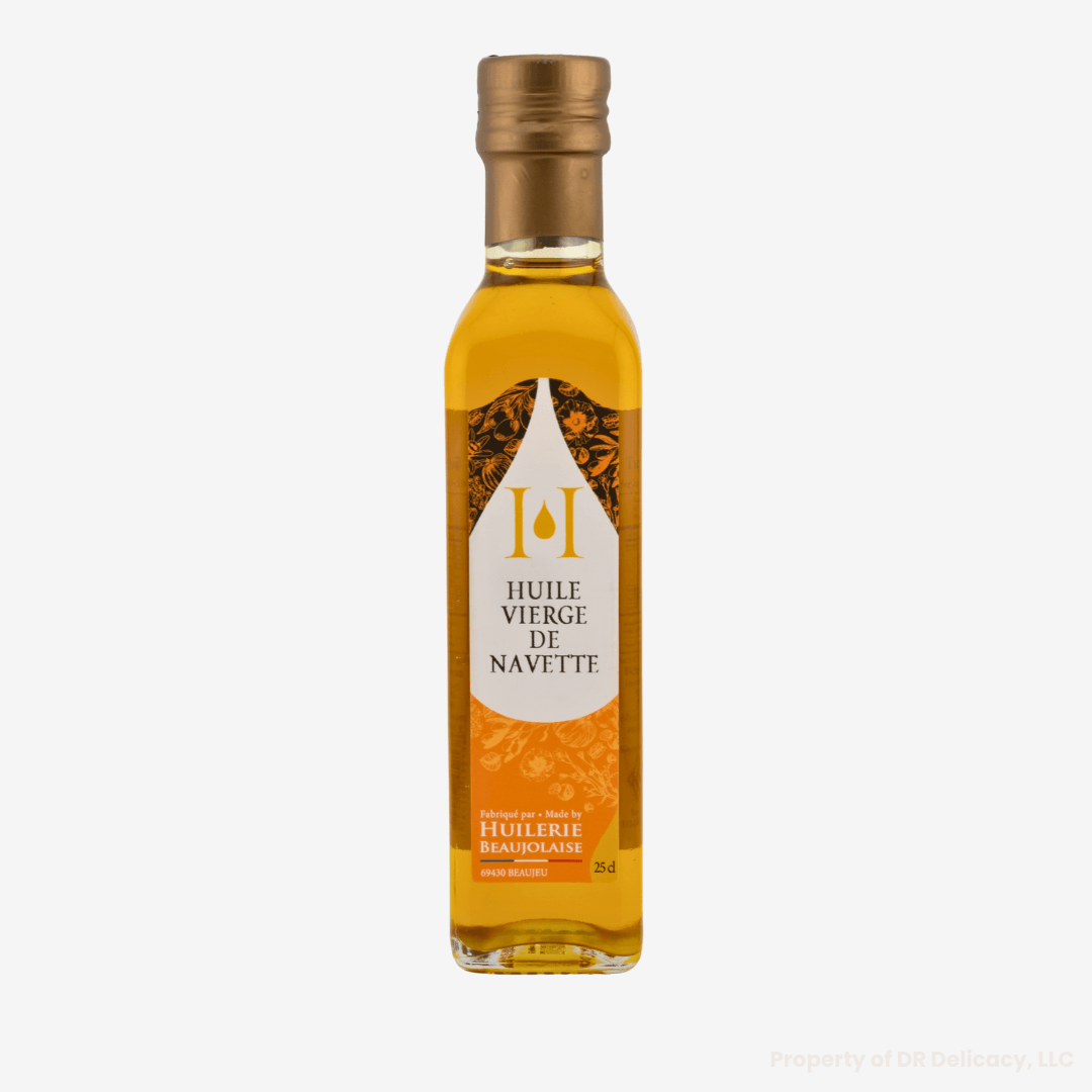 Virgin Turnip Seed Oil - Huile Vierge de Navette in a glass bottle, featuring its amber hue.