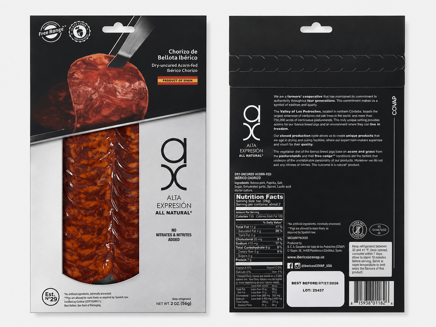 Dry-uncured Acorn-fed Iberico Chorizo packaging featuring traditional Spanish spices and nutrition facts.