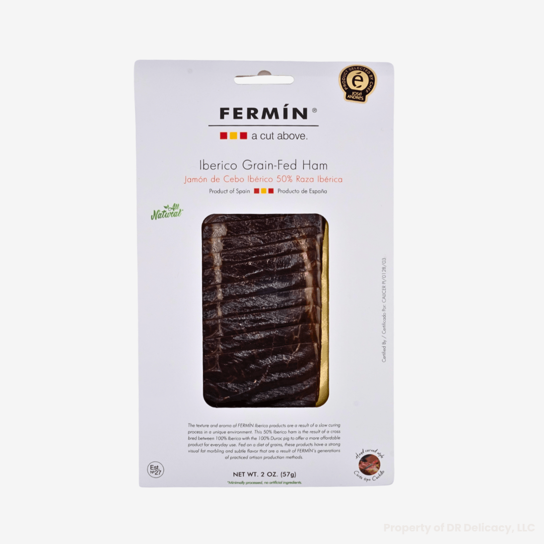 Iberico Grain-Fed Ham by Fermin, featuring premium Spanish ham with rich marbling and delicate flavor.
