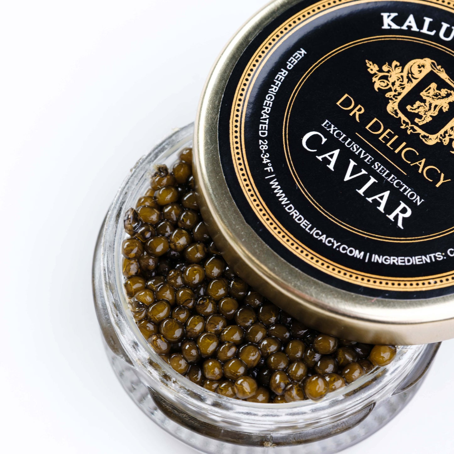 Kaluga Black Caviar in a glass jar, featuring large, firm pearls with a smooth texture and nutty flavor.