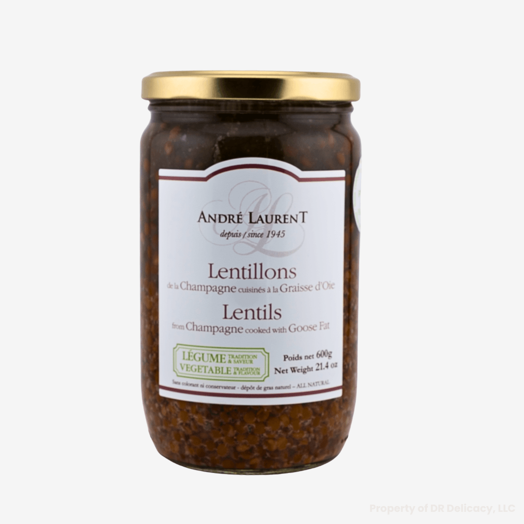 Lentils Cooked in Goose Fat in a jar by André Laurent, seasoned and ready to heat.