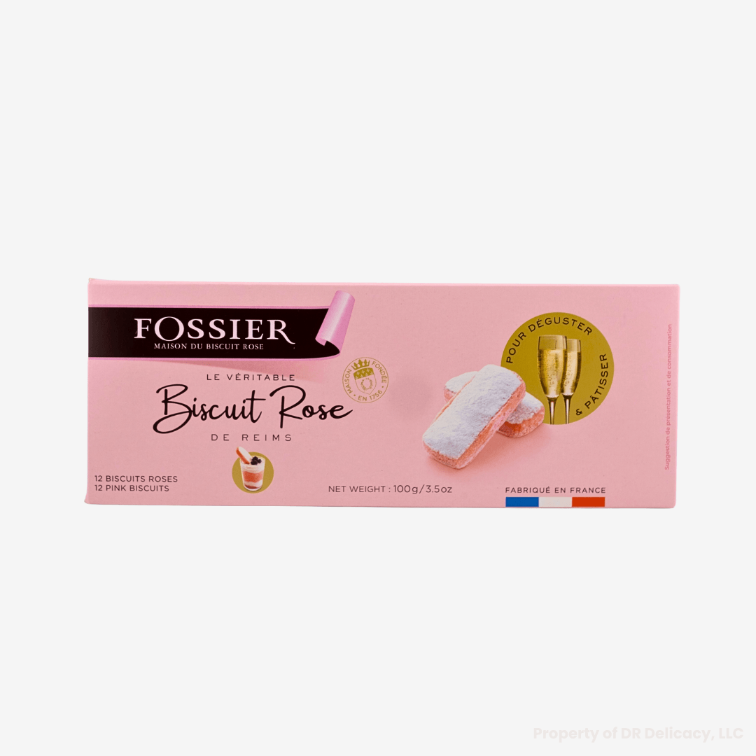 Fossier Rose Biscuit box featuring 12 pink biscuits, perfect for pairing with drinks, 100g net weight.