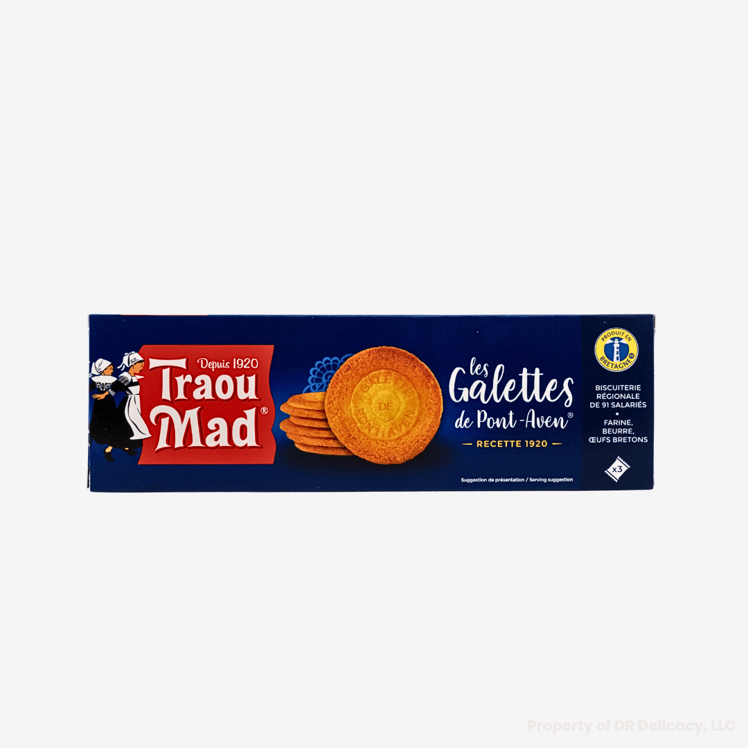 Packaging for Les Galettes De Pont-Aven by Traou Mad, showcasing crispy, buttery biscuits from France.