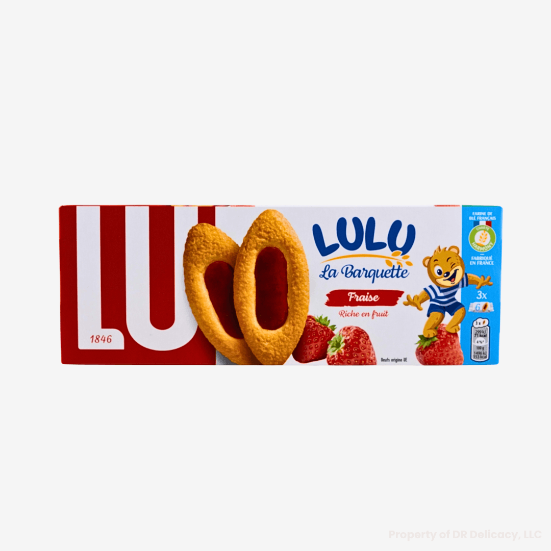 Lulu Barquettes Strawberry Cookies packaging featuring boat-shaped cookies filled with strawberry jam.