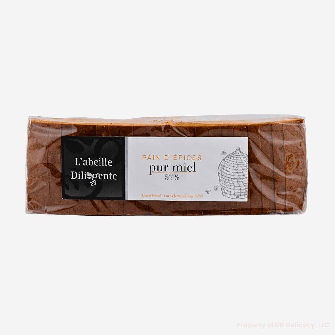 Pure Honey Gingerbread wrapped packaging from L'Abeille Diligente, showcasing its rich flavors and ingredients.