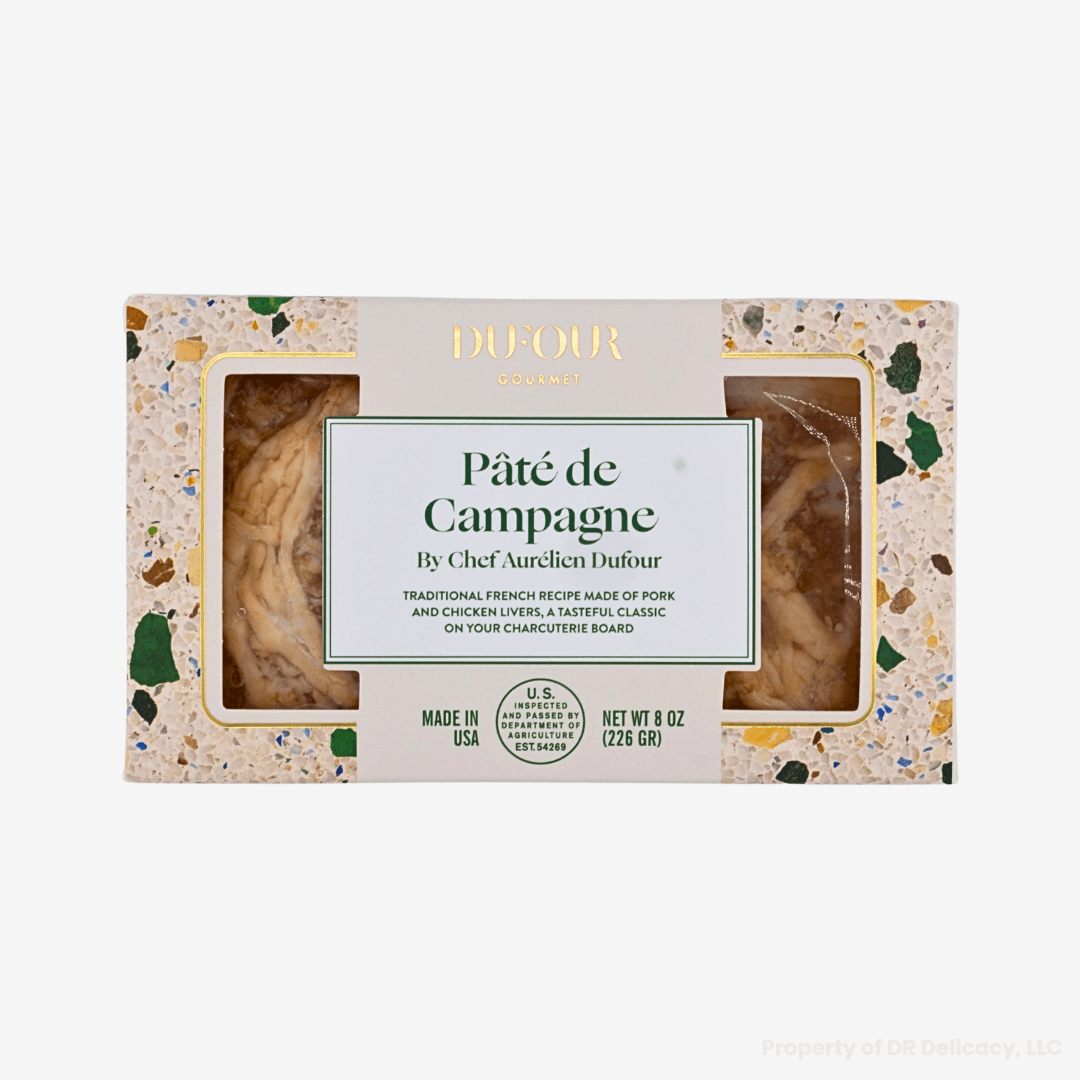 Dufour Pate de Campagne packaging with rustic design and traditional French pâté, 8 oz.